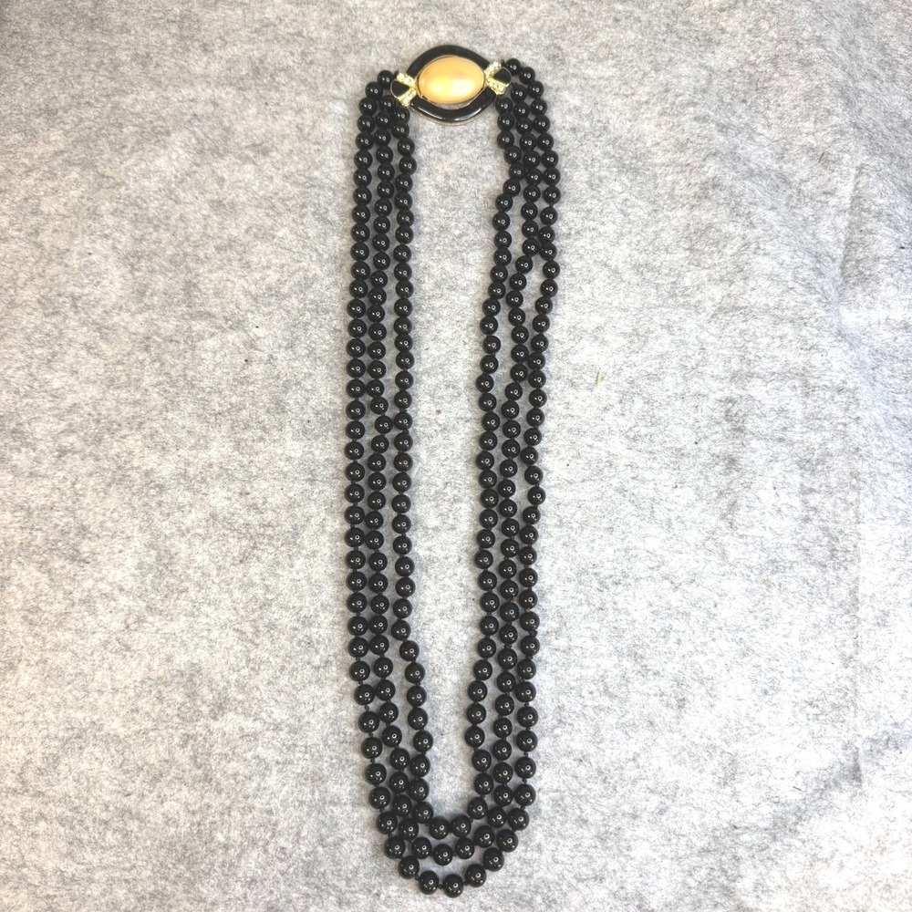 Vintage Triple Strand Black Bead Necklace Rhinestone Cream Cabochon Clasp